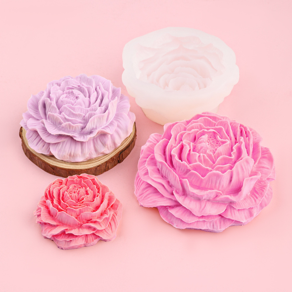 Molde de silicona de flor de peonía tridimensional grande, mediano y pequeño, vela de aromaterapia de bricolaje, molde de herramienta de decoración de epoxi de piedra de expansión de coche