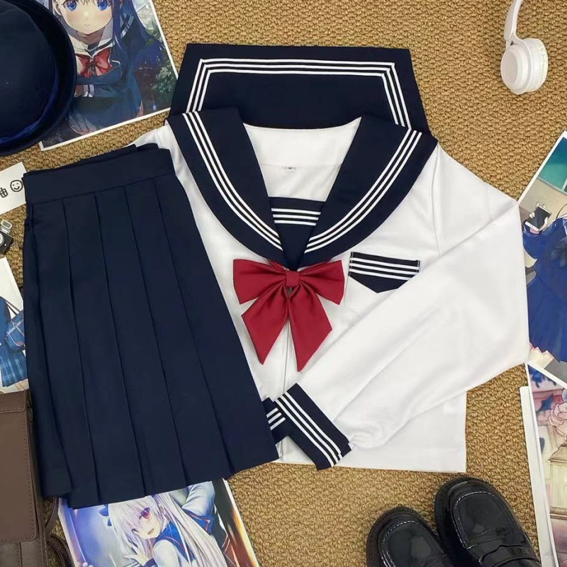 正版原创改良白三本水手服显瘦百褶裙套装学院风日系甜妹校供穿搭