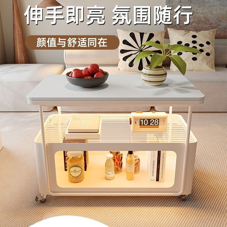 Modern Living Room Side Table with Wheels and Luminous Rock Slab, New Model for Home Use, Simple Movable Coffee Table, Small Trolley, Sofa Corner Table