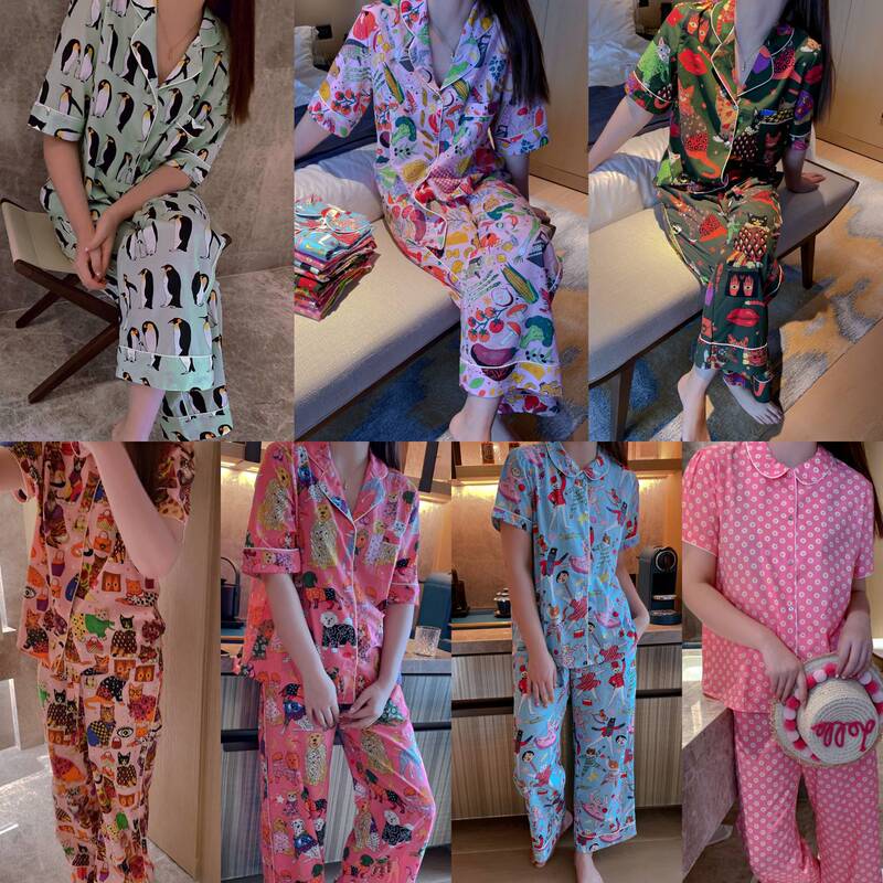 2024 New Style Pajamas Cotton Printed Short-sleeved Pants Pajamas Suit Female Niche Art Design Sense
