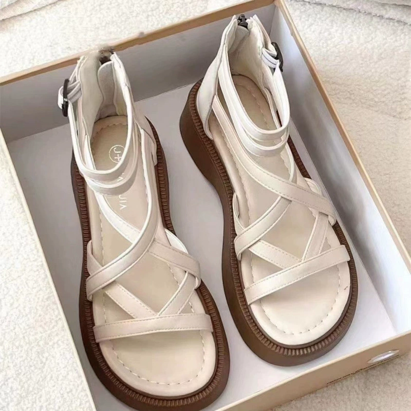 Женские платформенные сандалии лето 2025, новые, на толстой подошве, с высокой подошвой, ажурным дизайном и перекрестными ремешками, римские сандалии