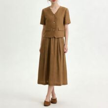 鑫阁老钱风亚麻套装女2026夏季新款短袖上衣通勤高腰半身裙两件套