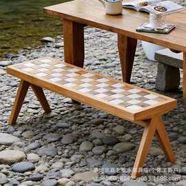 中式老榆木拼花长条凳入户玄关换鞋凳长条床尾凳棋盘格餐椅木桩凳