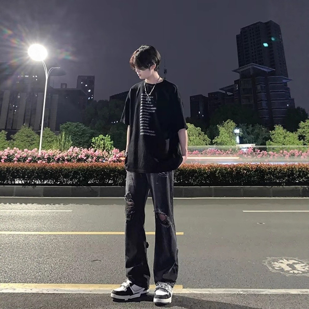 Black ripped jeans summer thin men's workwear long leg pants High Street American vibe straight flared pants