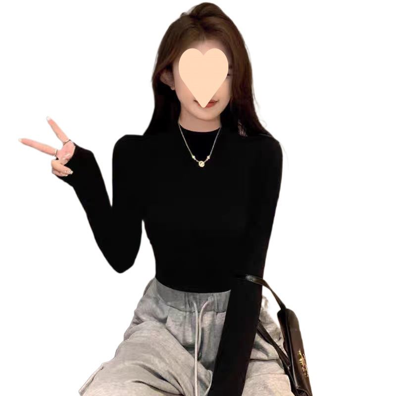 螺纹黑色半高领打底衫女春秋内搭设计感长袖恤大码修身露肘上衣|undefined