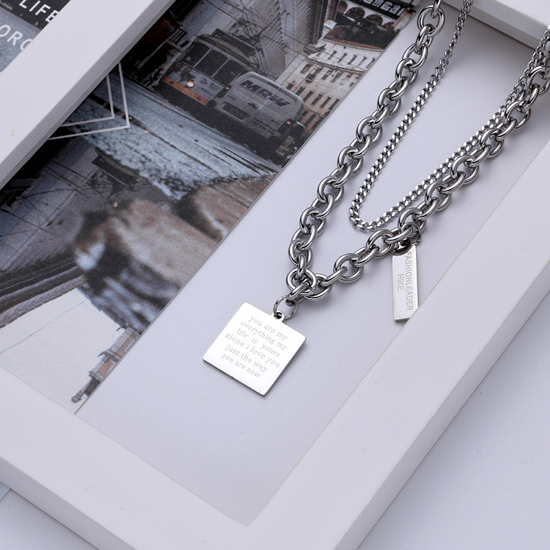 Exaggerated Hip-Hop Titanium Steel Multi-Layer Necklace For Women, Ins Square Pendant With Engraved Letters, Unique Dark_voghion.com