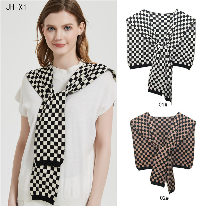 Unisex Women's knitted shawl with checkerboard cape with knotted collar core yarn_voghion.com