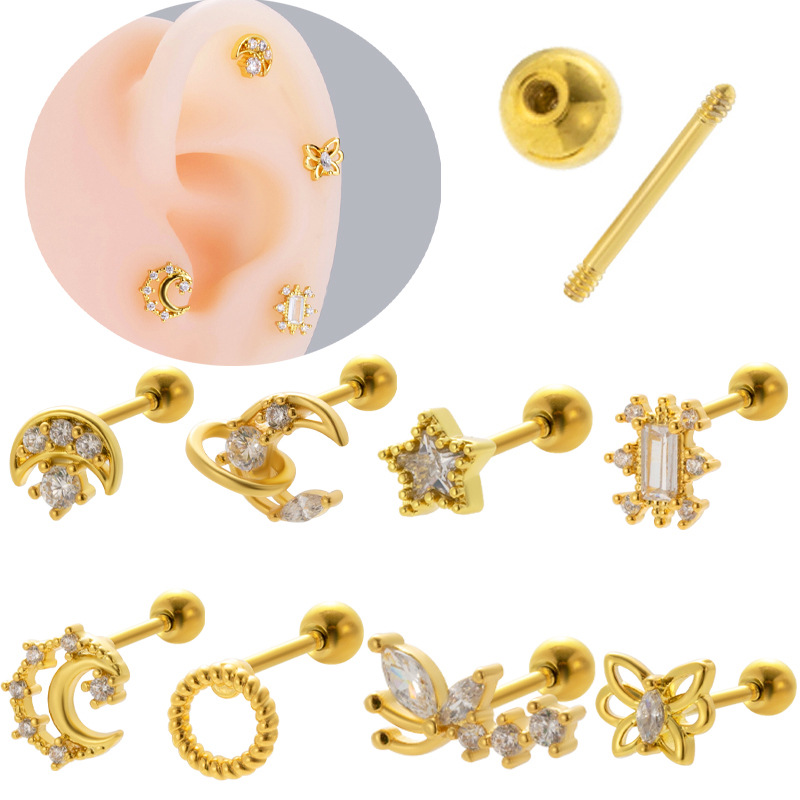 Orecchini a vite con zircone pentagramma farfalla e luna_voghion.com
