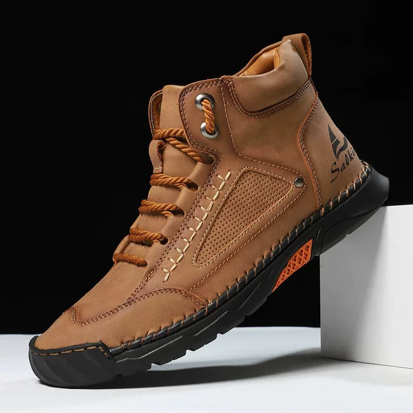 Cross-Border Large Size Men's Pu Leather Boots, Men's Fashionable Hand-Stitched Ankle Boots, Flat Lace-Up Casual Shoes Manufacturer