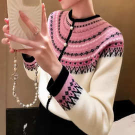 费尔岛毛衣女冬巨好看独特漂亮软糯气质高端粉色格纹提花针织开衫