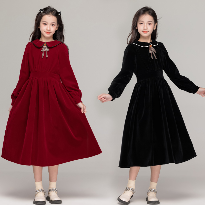 童装女童红色连衣裙2024秋冬复古中大童小翻领收腰公主裙新年红裙