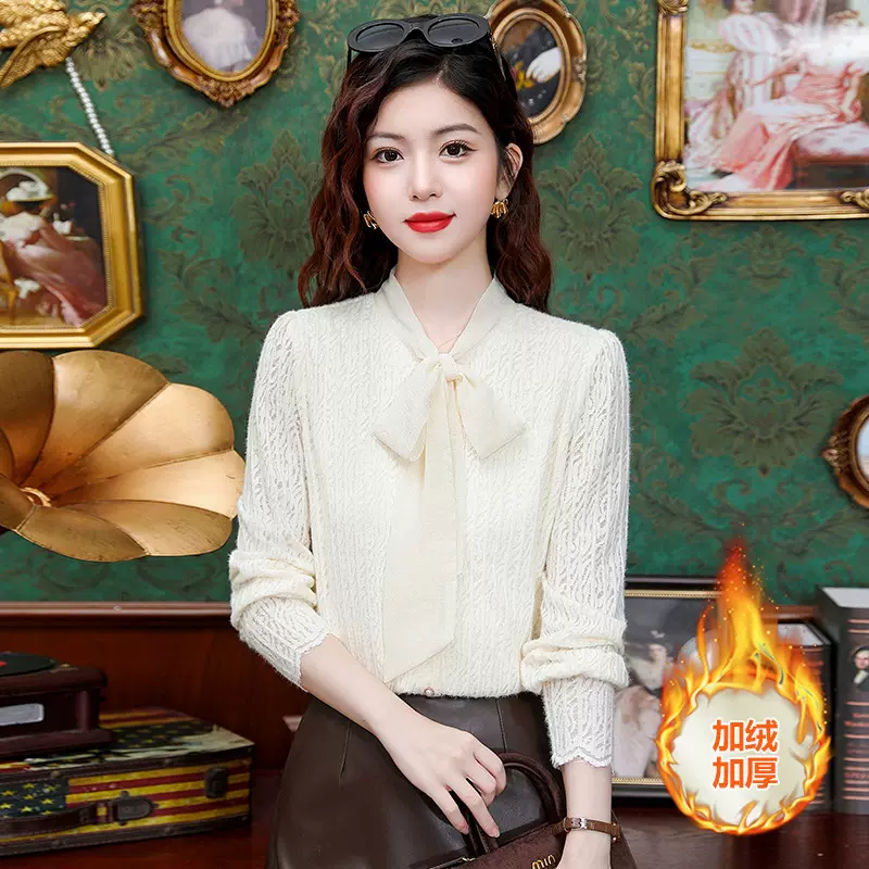 实拍蝴蝶结蕾丝加绒打底衬衫女气质针织秋冬百搭显瘦