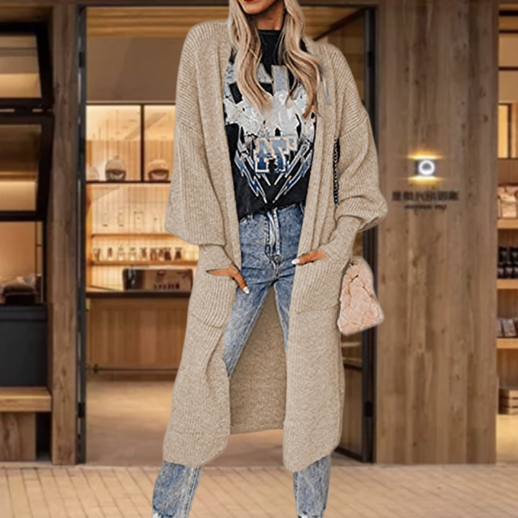 Damen Strickcardigan Mit Taschen Langarm Strickjacke Für Damen_voghion.com