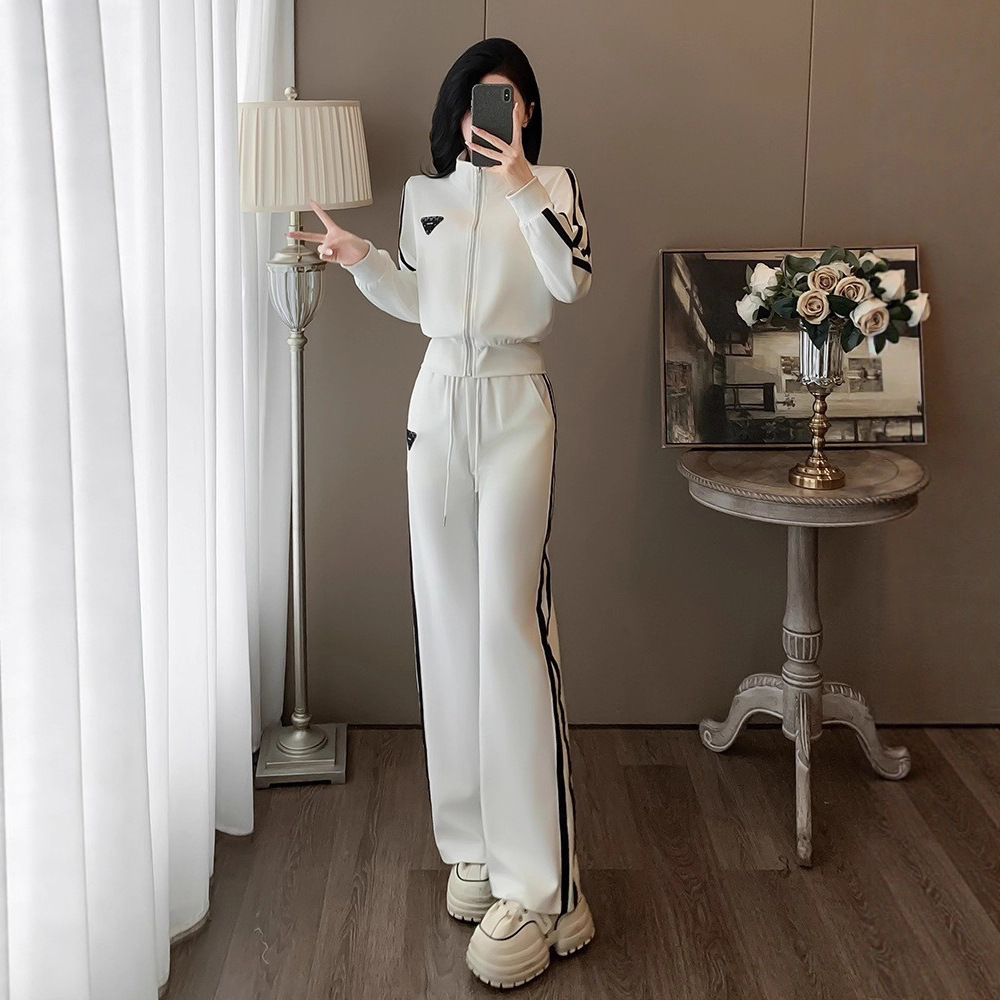 欧洲站黑白色休闲时尚套装秋季小个子修身显瘦长袖外套阔腿裤套装