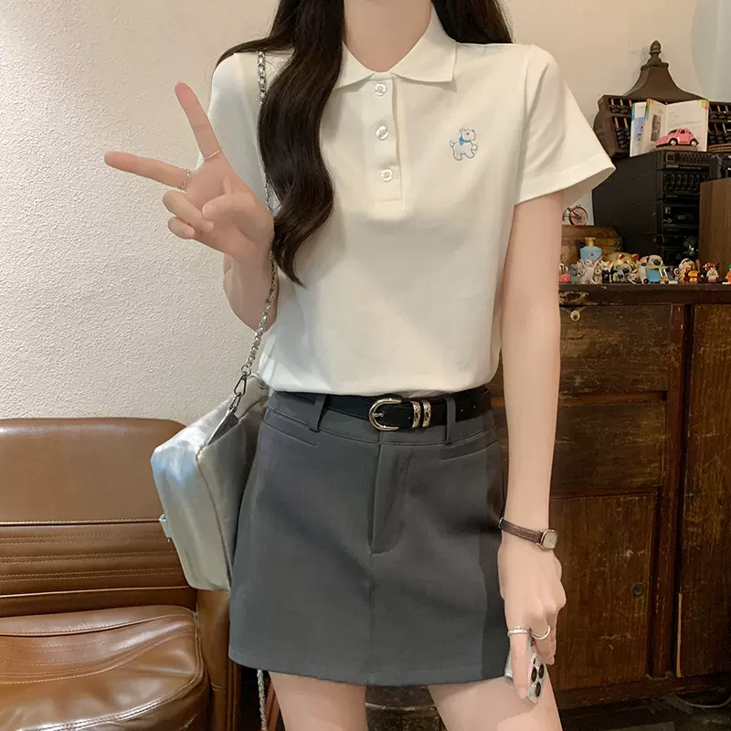 POLO领短袖t恤女美式复古夏季刺绣正肩修身短款体恤上衣2025新款