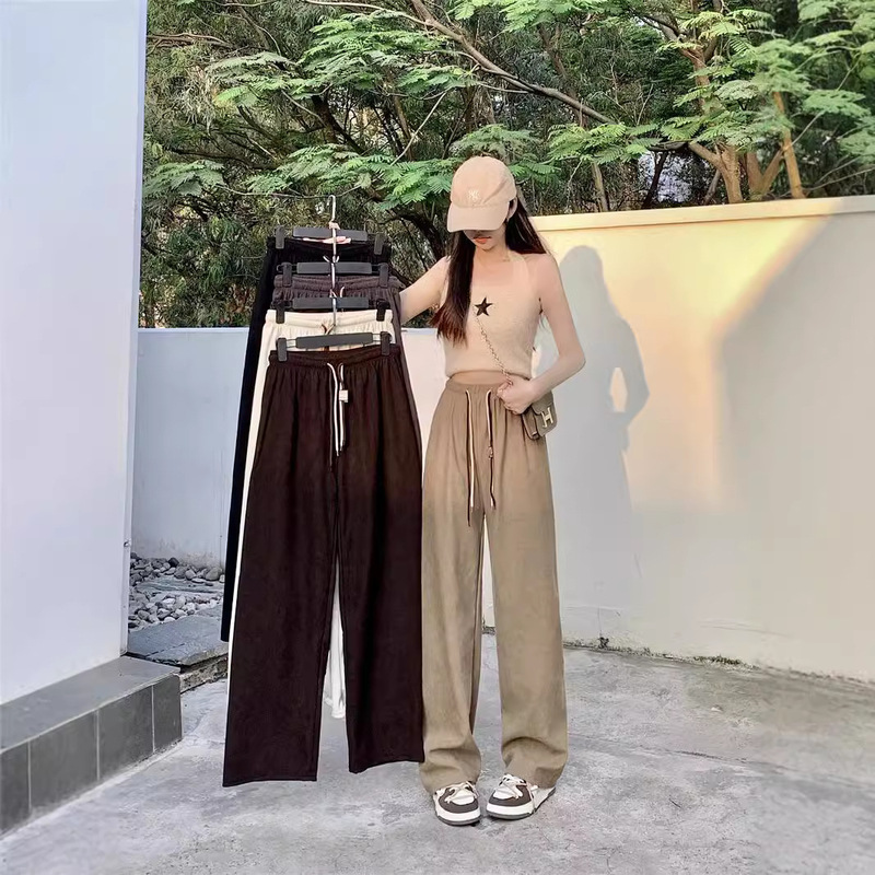 Corduroy Superfine Velvet Wide Leg Pants Women's Autumn New Double Drawstring Smiley Belt Casual Pants High Waist Straight Leg Pants