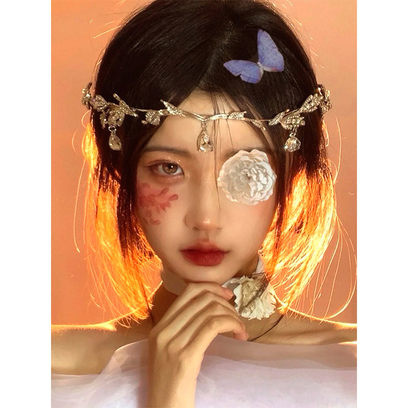 Super Fairy Ancient Style Rhinestone Headwear Eyebrow Pendant Hairband Bridal Headwear Cyber Celebrity Light Luxury Distinctive Headband Collar Neck Chain Trendy