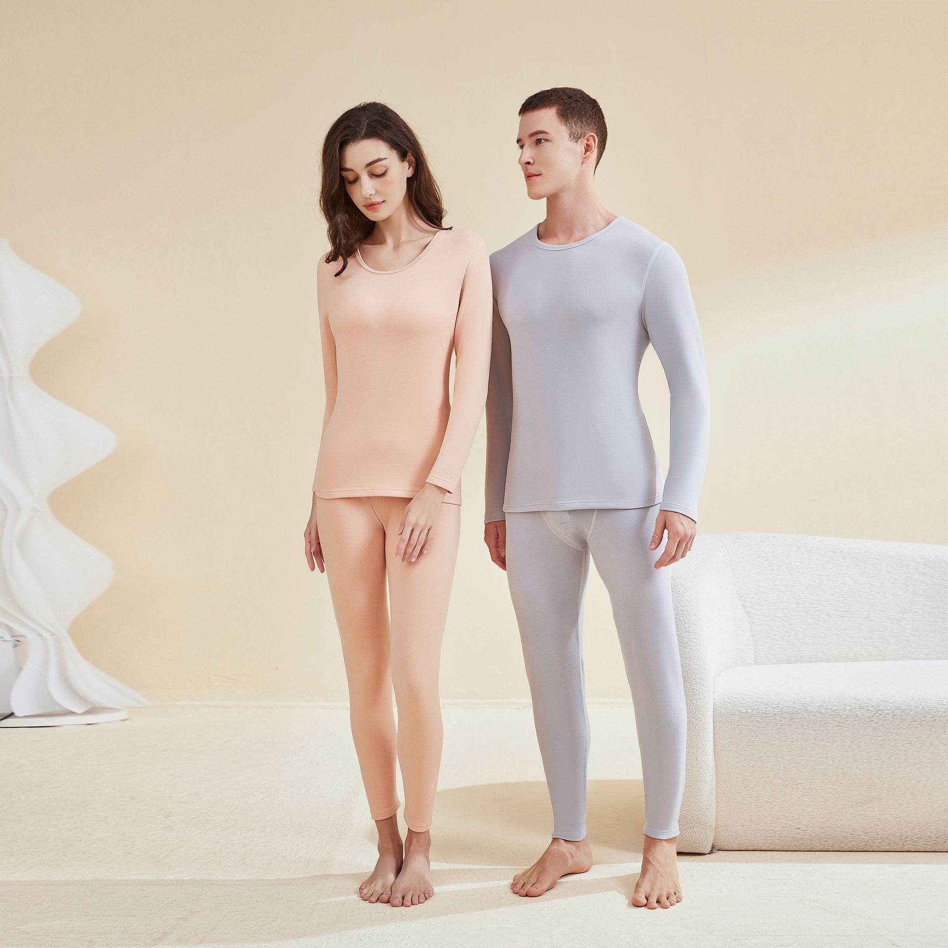 Traje térmico acrílico de nuevo estilo transfronterizo, pantalones de manga larga con cuello redondo para hombre