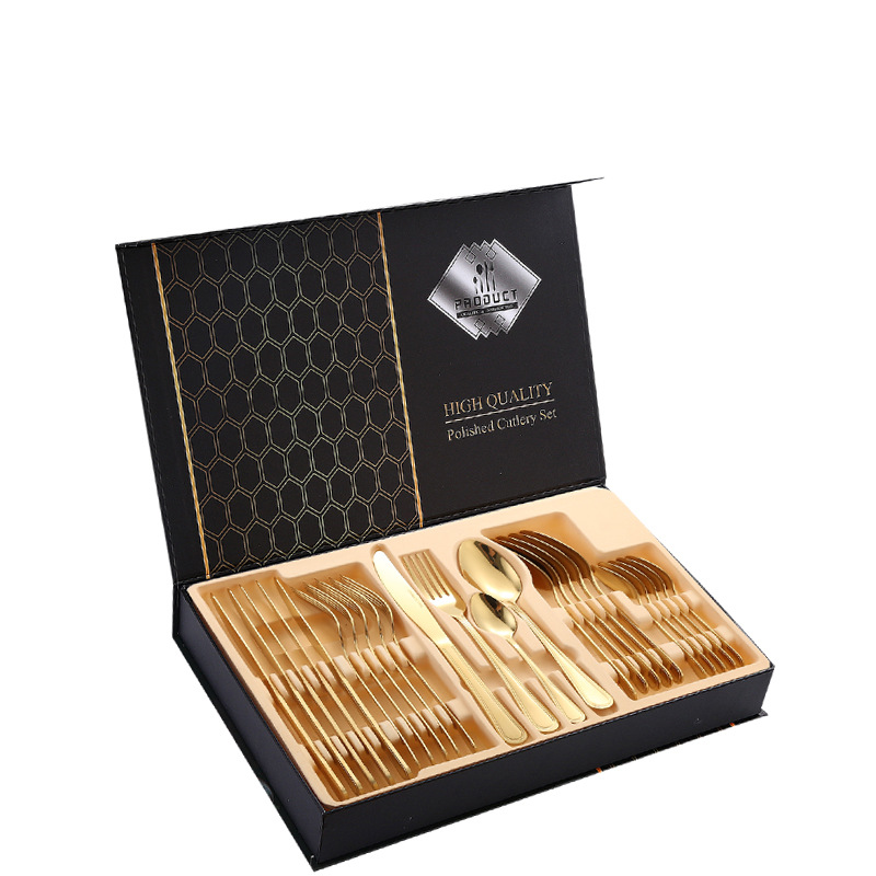 Cuchillo y tenedor de acero inoxidable cuchillo y cuchara de venta transfronteriza conjuntos de 24 piezas conjuntos de doble línea de suministros de hotel caja de regalo conjuntos de cubiertos