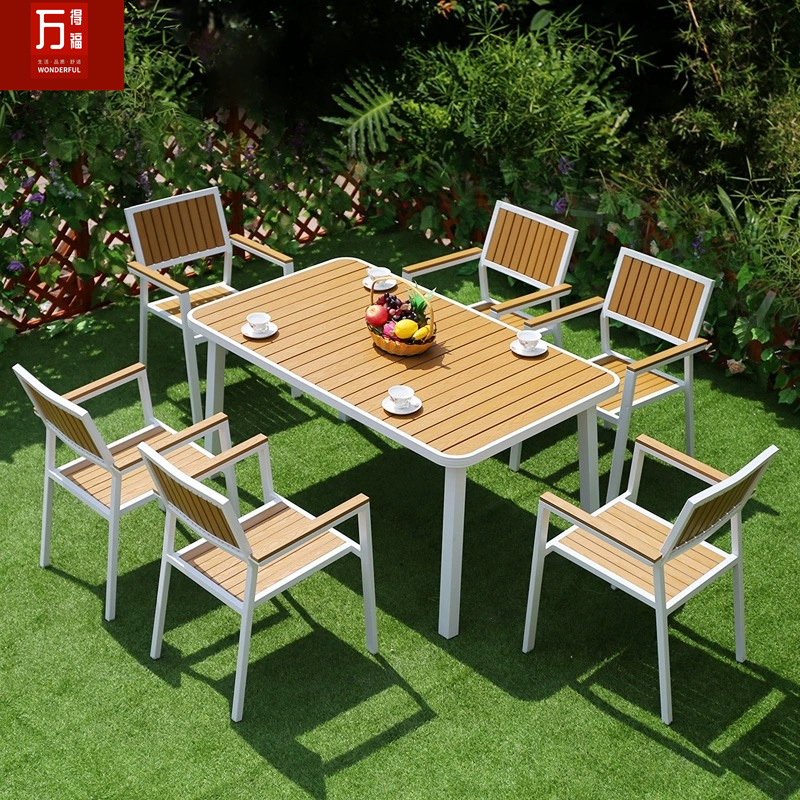 Mesa de madera de plástico al aire libre y silla combinación terraza patio al aire libre ocio balcón jardín mesa de té anti-corrosión madera impermeable mesa y silla conjunto