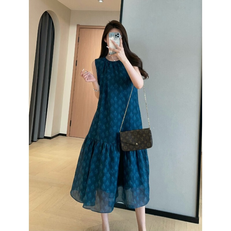 Relaxed high-end ruffle hem ramie tank dress, long sleeveless dress for women, 2026 new model H060204