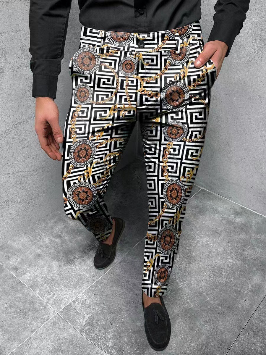 2023 estación independiente transfronteriza europea y americana nuevo patrón casual de los hombres impreso Mediados de cintura traje casual pantalones micro pantalones elásticos