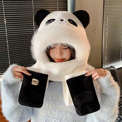 可爱卡通熊猫帽子围巾手套一体女秋冬毛绒保暖加绒加厚帽子三件套