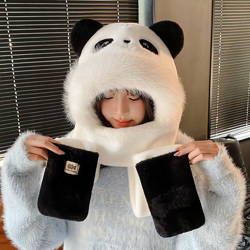 可爱卡通熊猫帽子围巾手套一体女秋冬毛绒保暖加绒加厚帽子三件套|undefined