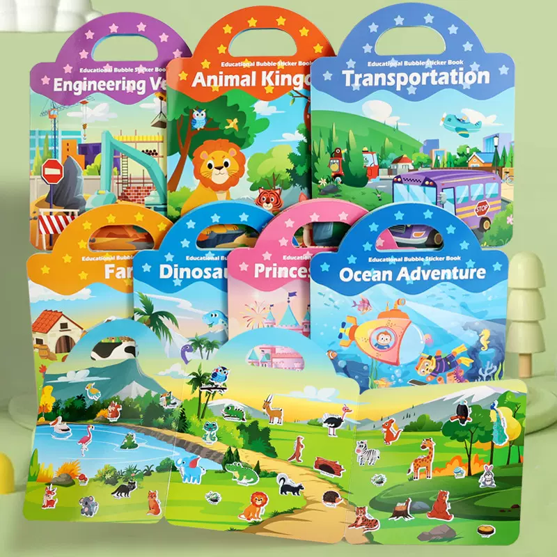 跨境新款儿童趣味手提泡泡贴纸书益智早教专注力卡通拼图粘贴贴画