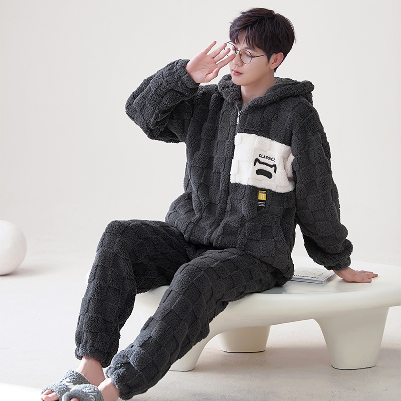 Pijamas Otoño e Invierno de los hombres de lana de coral forrado de lana gruesa caliente con capucha franela suelta más tamaño homewear traje