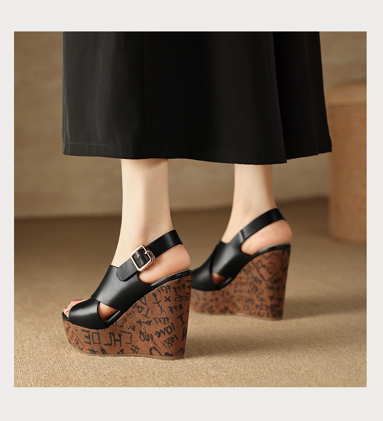 Sandal cao gót nữ mũi hở quai chéo đế xuồng platform gót 9 cm — màu đen, màu trắng ngà chi tiết 15