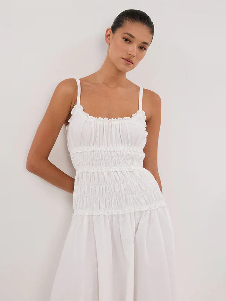 Đầm dây hai dây dài xếp ly cổ vuông chất liệu cotton nguyên chất — Trắng, màu sô cô la chi tiết 15