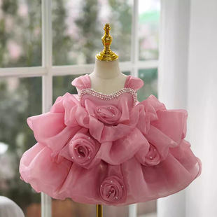 Wholesale Baby First Birthday Dress, Girl Princess Dress, 2025 New Style Baby Puffy Tulle Birthday Dress, Bean Paste Color, Autumn Season