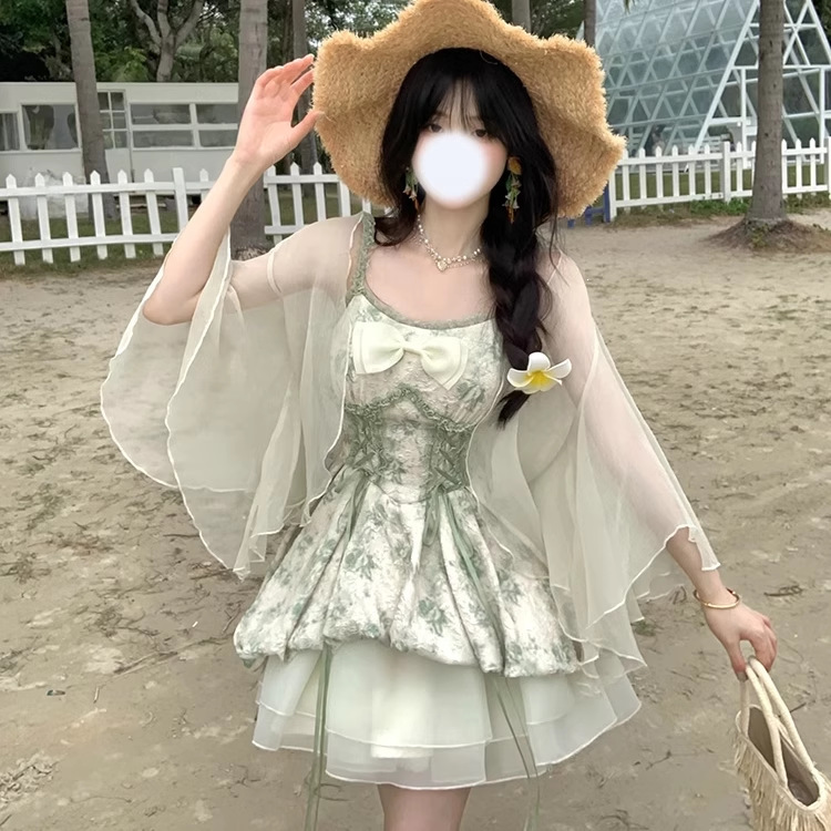 Forest Elf Suspender Dress for Women in Summer, Sweet Fairy Princess Dress with Bow Tie, Waist-Cinching Flower Bud Puffy Skirt