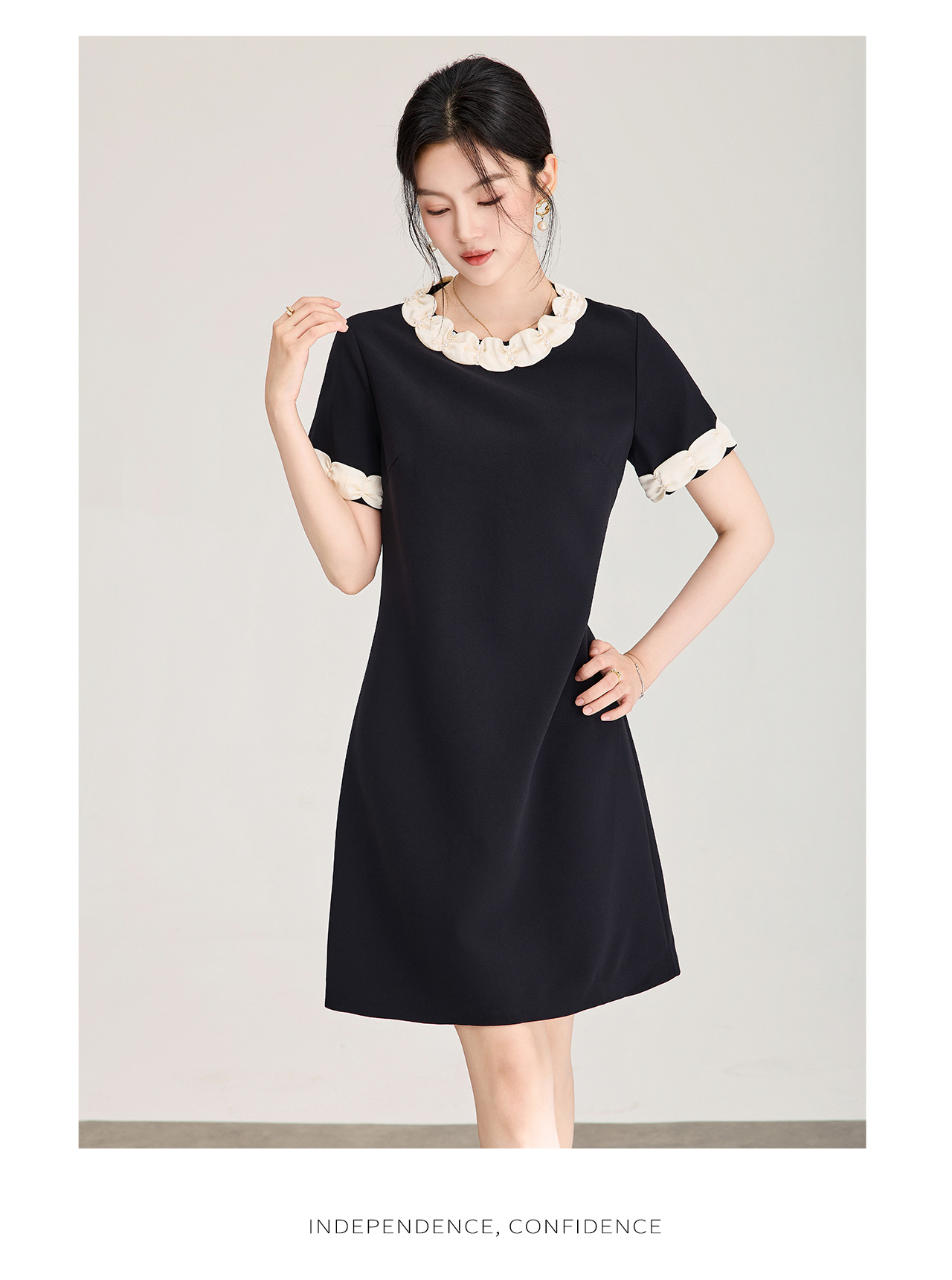 Đầm suông midi cổ điển Pháp đính cườm, phối màu tương phản — màu đen chi tiết 18
