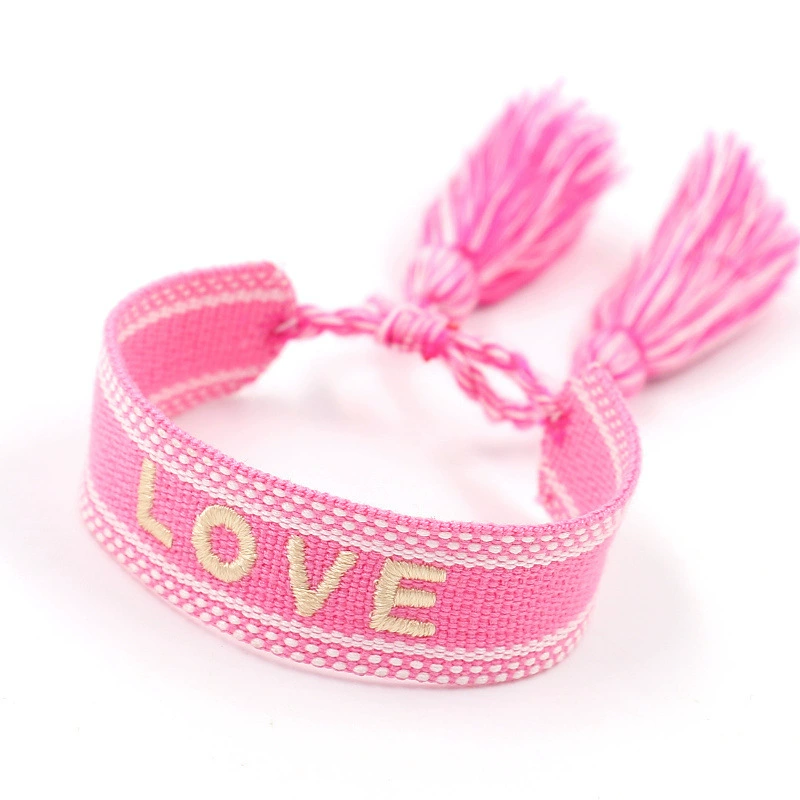 handmade woven bracelet, polyester, embroidered letters with tassels, adjustable (love)