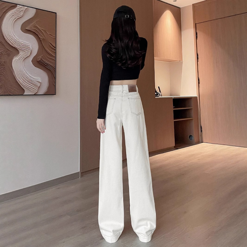 インスタイルベージュワイドレッグジーンズ女性用初春と秋のヘビーデューティー3本針ルーズストレートパンツ|undefined