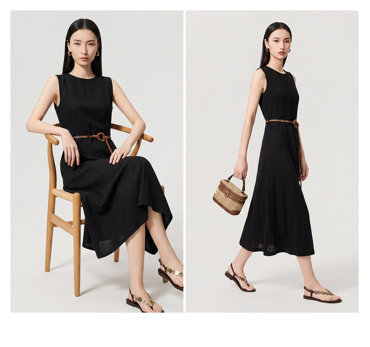 Đầm vest nữ không tay thắt lưng phong cách đơn giản sang trọng — màu đen chi tiết 20