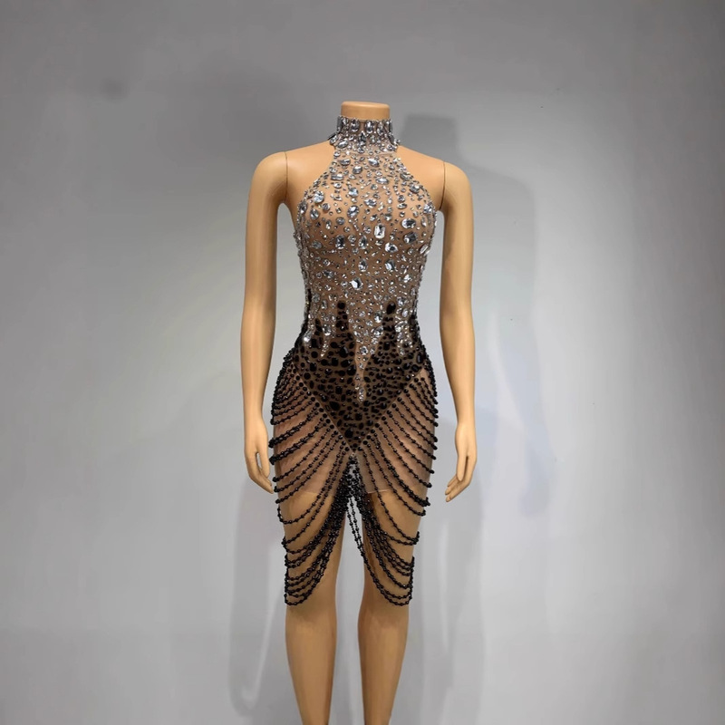 Stock Cross-Border Hot Selling Sexy Mesh Stretch Bead Chain Dress Birthday Party Dress Singer Performance Costume