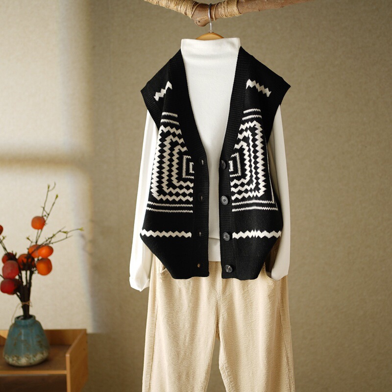 Vintage Western-style Back-style Wave-pattern Double-sided Jacquard Knitted Vest V-neck Single-breasted Loose Sleeveless Cardigan Waistcoat