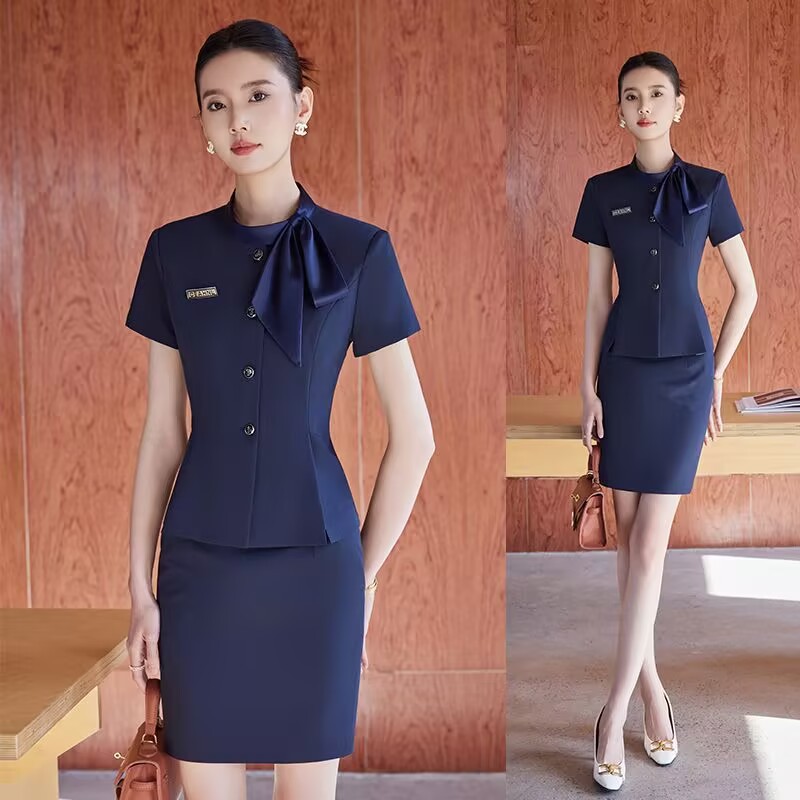 Short-Sleeved Professional Suit for Women, Summer Thin Style, Gold Shop Hotel Front Desk Workwear, Beauty Salon Workwear, Stewardess Uniform