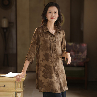 Qianbai Yilian 2025 Summer New Chinese Style Shirt for Middle-Aged and Elderly Women, Plus Size Printed Top to Cover Flesh