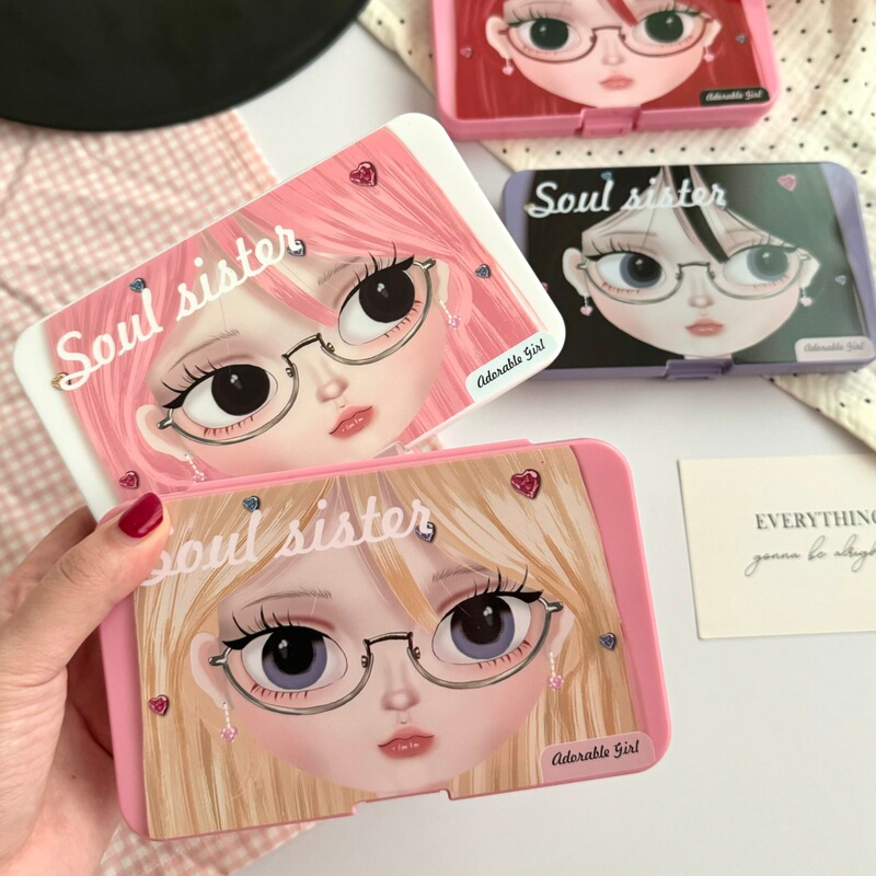 Large-Capacity Contact Lens Case with Mirror, Companion Care Box, Beauty Lens Case As1001, Six-Pack, Sweet Cool Girl Style