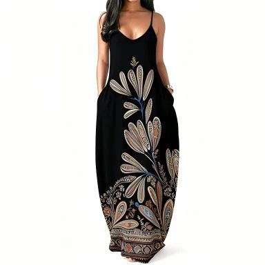 2026 Hawaiian Beach Dress with Plant Print, Loose and Sexy Spaghetti Strap Vacation Women's Long Dress with Pockets