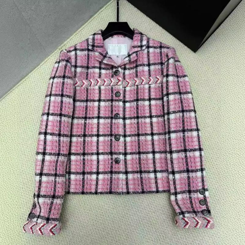 2024 Autumn and Winter New Chanel Style Contrast Color Handmade Tie Edge Pink Plaid Tweed Wool Jacket Coat Women