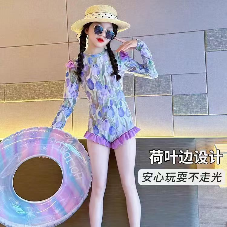 Purple Tulip Children's One-Piece Swimsuit with Long Sleeves and Ruffled Hem, Includes Matching Color Swimming Cap, Girls' Sun-Protective Swimwear