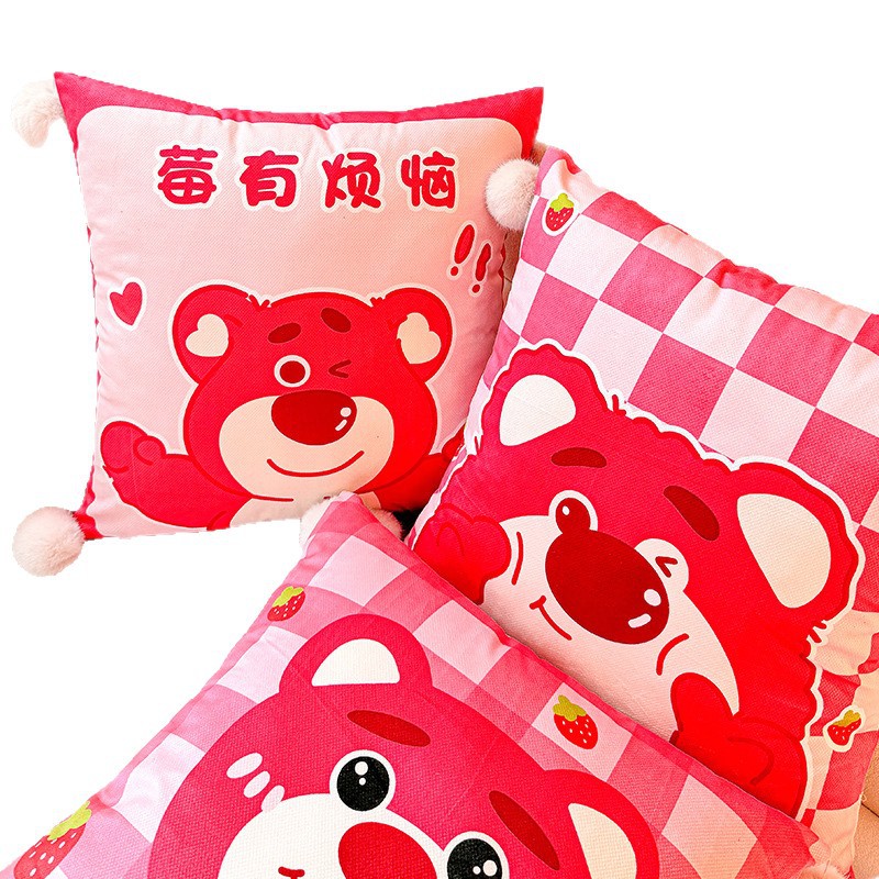 Happy Strawberry Bear Almohada de dopamina Funda de almohada Sofá de sala de estar Almohada de cintura abstracta con estampado de cabecera Bola de pelo