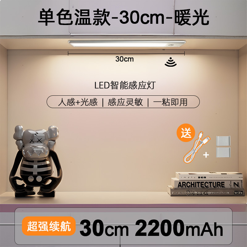 智能LED人体感应灯充电式免布线家用夜间过道磁吸长条橱柜感应灯|undefined