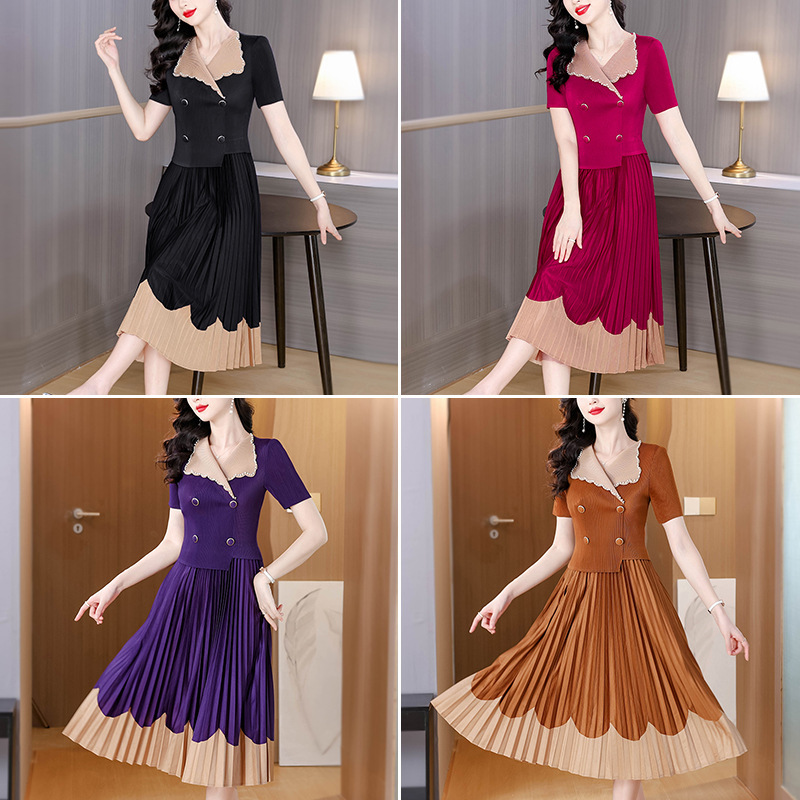 Pleated Fashion Dress 2026 Summer New Style Suit Collar Fashionable Mid-Length Waist-Cinching Slimming High-End Pleated Skirt