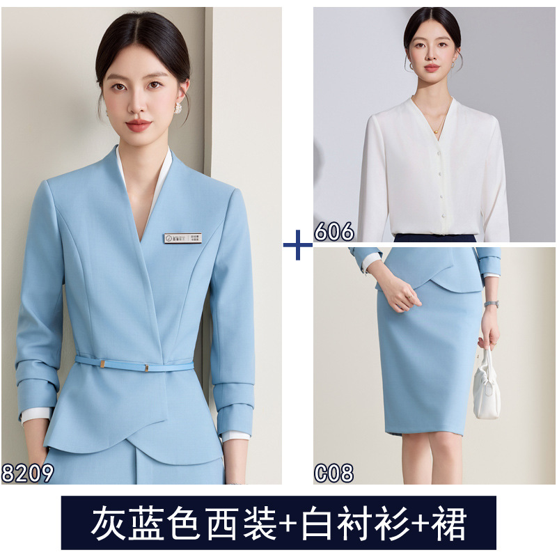 Gray blue suit + skirt + white shirt